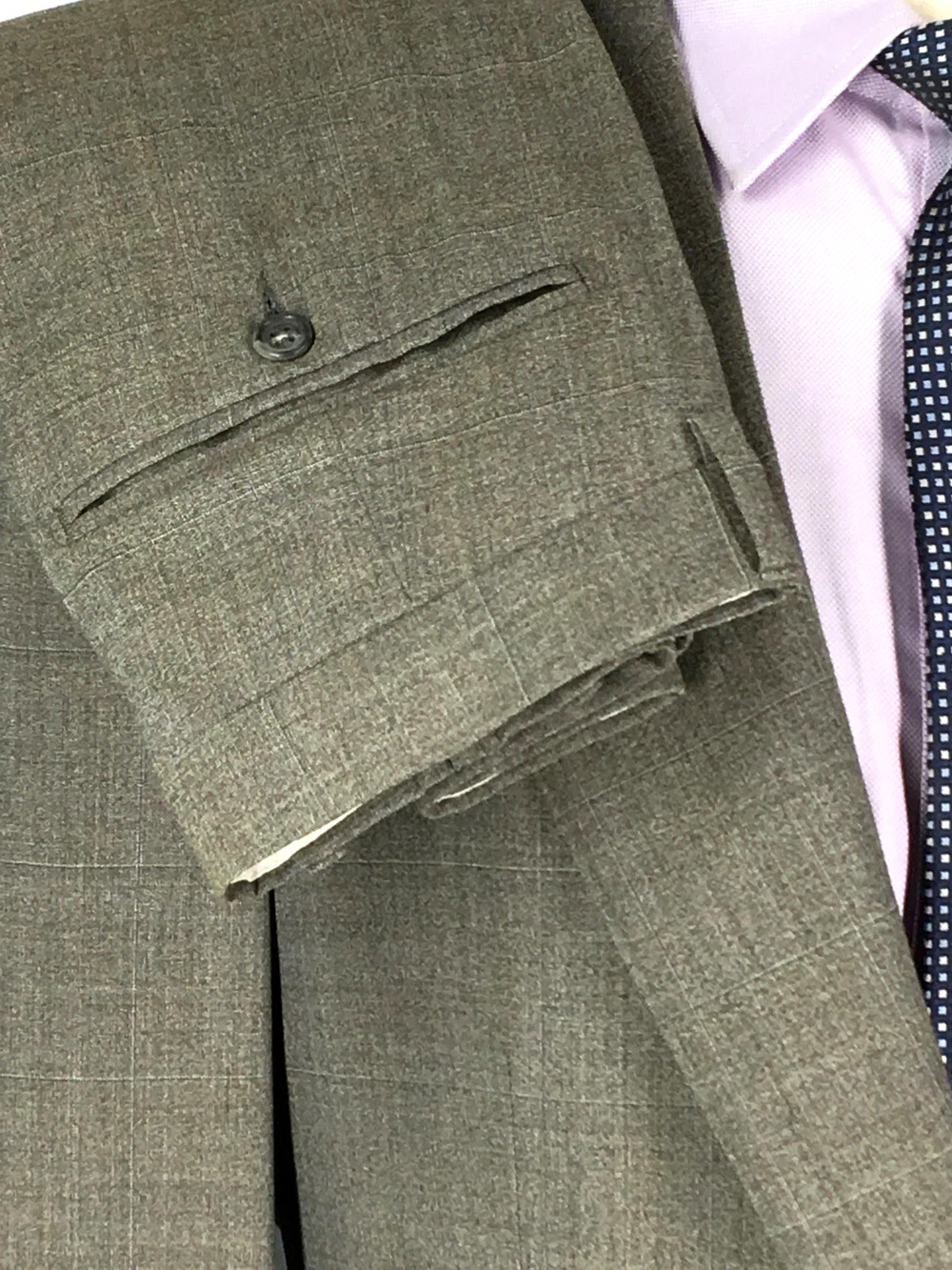 44S Alfred Dunhill Italy Mens 2 Bttn 100% Wool Suit Taupe Window Pane Pants 36